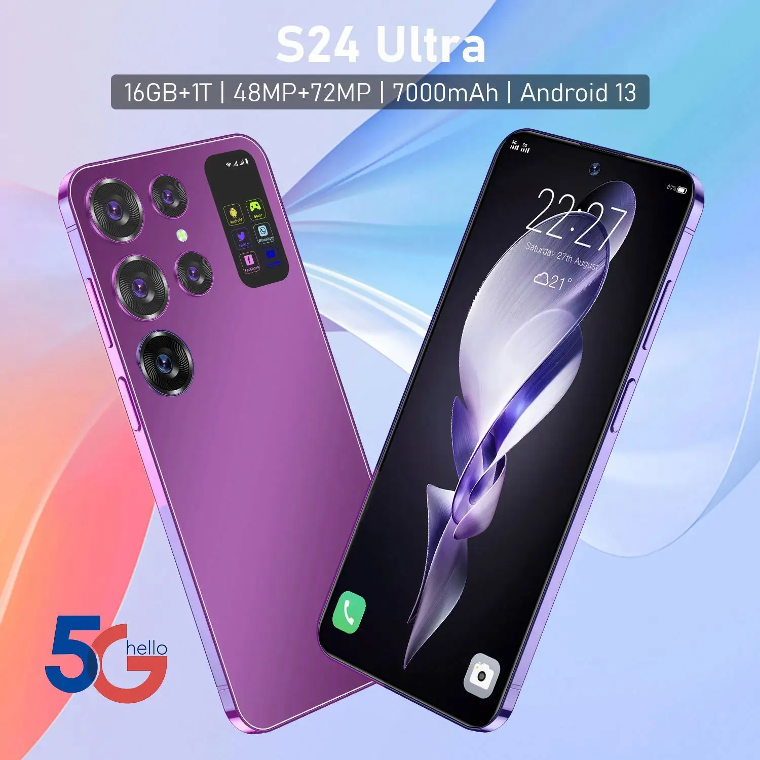 Original Glasy S24 + Ultra Big Screen 7,3 polegadas Android Phone 16GB + 1TB suporte Dual sim cartão + TF cartão Smartphone