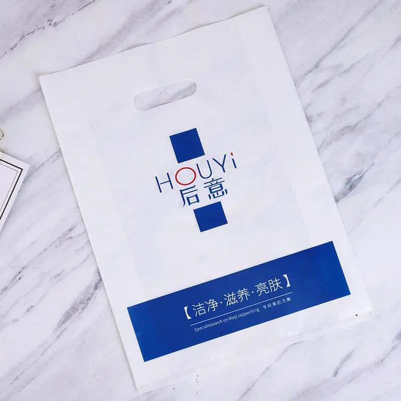 Sacola de compras com logotipo personalizado para roupas boutique, sacola de compras com alça cortada e embalagem personalizada, sacola de plástico