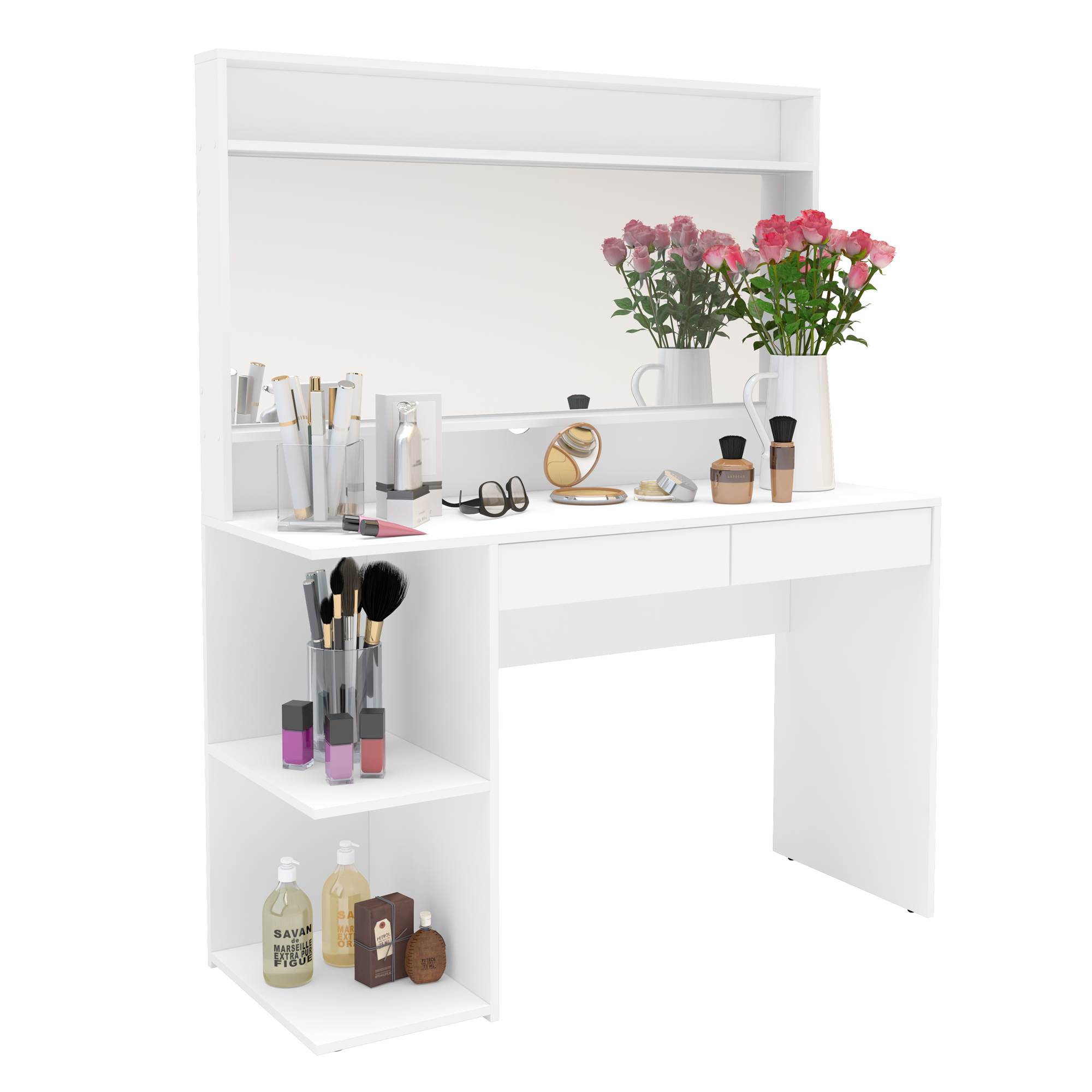 White Dressing Table with Light Bulbs with 2 Drawers and 3 Shelves
