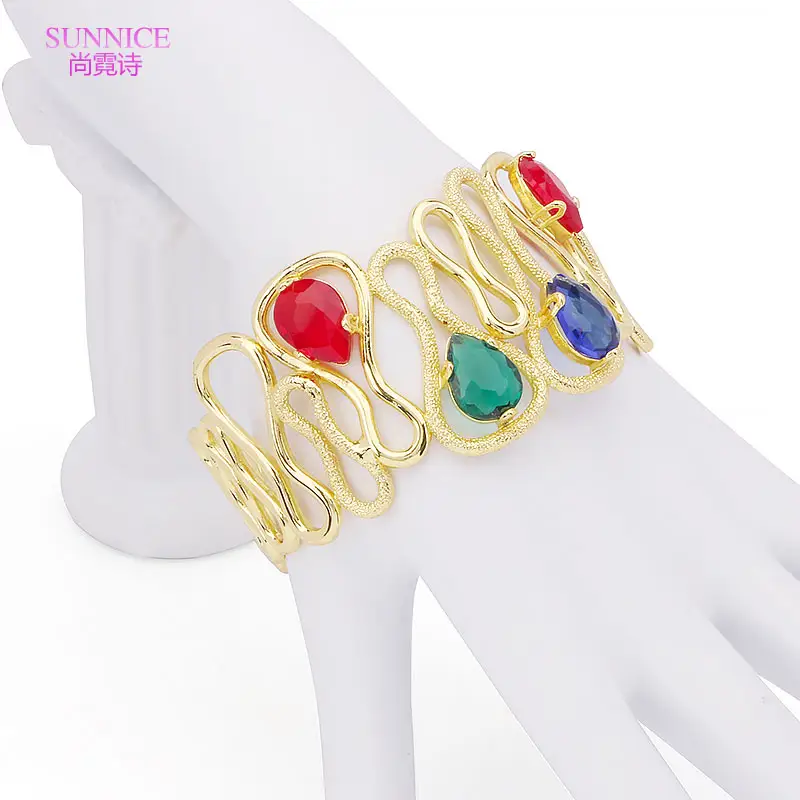 Sunnice Shiny Cubic Zirconia tembaga massal perhiasan wanita Italia 18k lapis emas gelang pengantin fashion perhiasan gelang