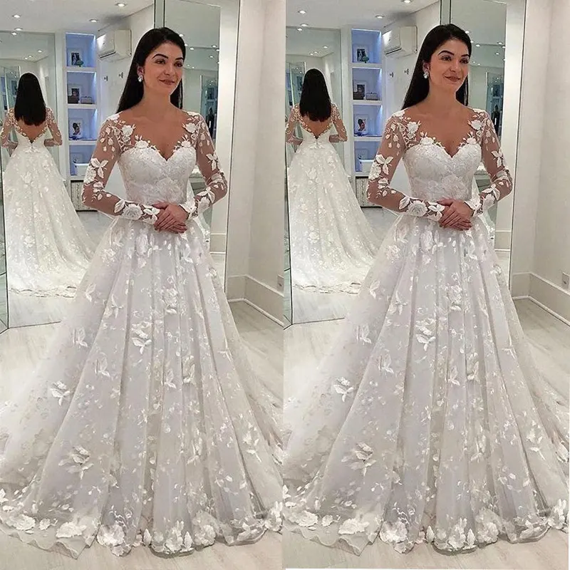 थोक शादी की पोशाक फीता गहरी वी लंबी आस्तीन पोशाक महिलाओं के बागे डे Mariage मॉडल 2023