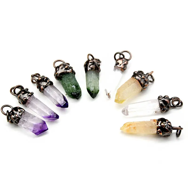 Green Yellow White Purple Natural Raw Cluster Crystal Pendants Antique Bronze Plating Copper Soldering Big Circle Pendants