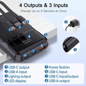 HYTO Power Bank con Cables Integrados Paquete de Batería USB 4 Salidas 3 Entradas Pantalla LED Tipo C 10000mAh 20000mAh Powerbank Portátil - Product Image 4