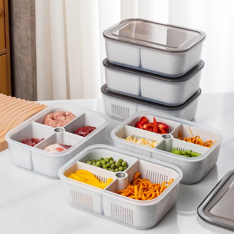 Cozinha frigorífico organizador microondas crisper dreno caixa de plástico alimentos armazenamento refeição prep recipientes com compartimentos removíveis