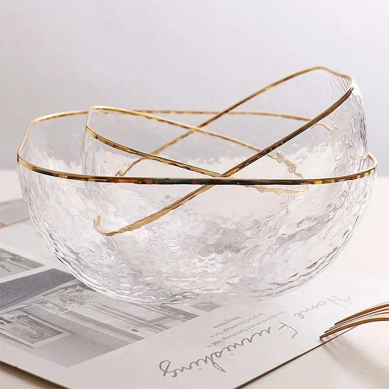 Square Glass Bowl with Hammer Pattern and gold Painted Rim for Hotel Wedding Restaurant Household Transparent Salad Dessert Bowl