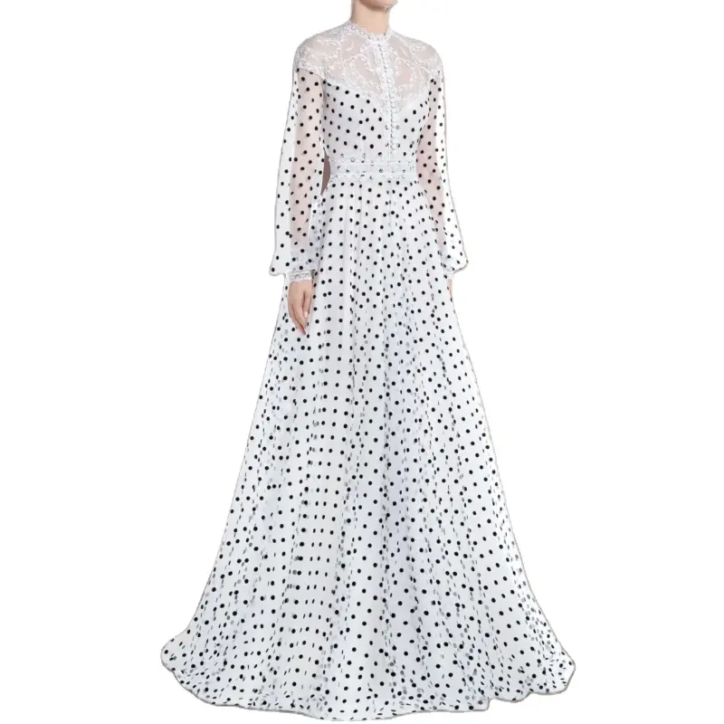 Ropa OEM Factory Polka Dot blanco y negro gasa Vestido Mujer noche ropa casual elegante atado Maxi A-line vestidos