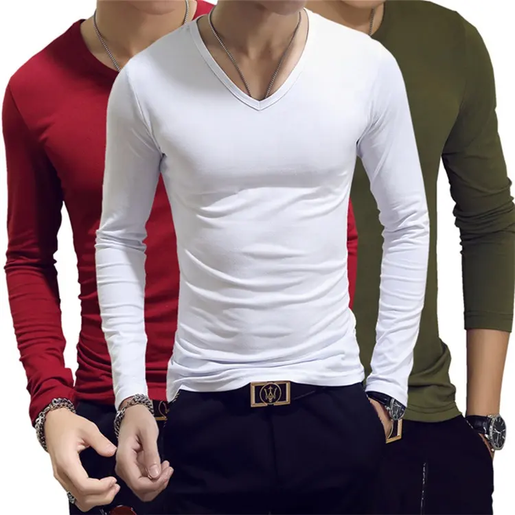 Toptan v yaka uzun kollu oem logo özel düz boş erkekler erkek düz ucuz promosyon v boyun t shirt tişört