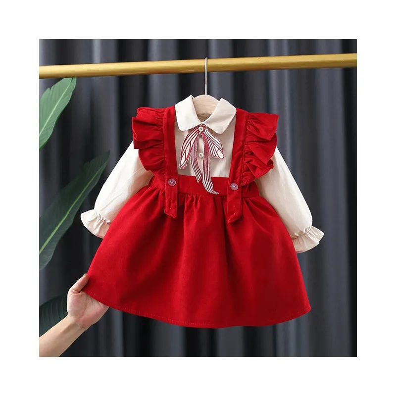 Conjunto de ropa de otoño para niños al por mayor, vestido de niña, traje para niña pequeña, ropa para niños, camisa, falda con tirantes, vestido de dos piezas