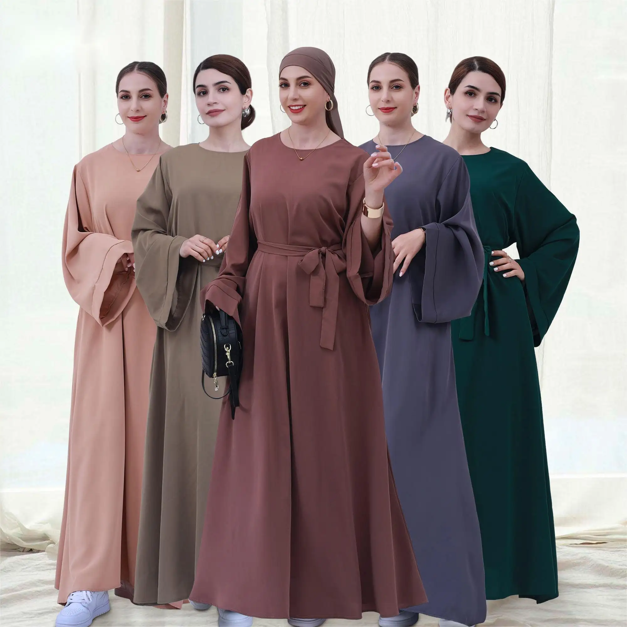 Abaya de soirée musulmane pour femmes, couleur unie, avec ceinture et manches longues, vêtements de soirée décontractée, mode islamique, kaftan, pour dames