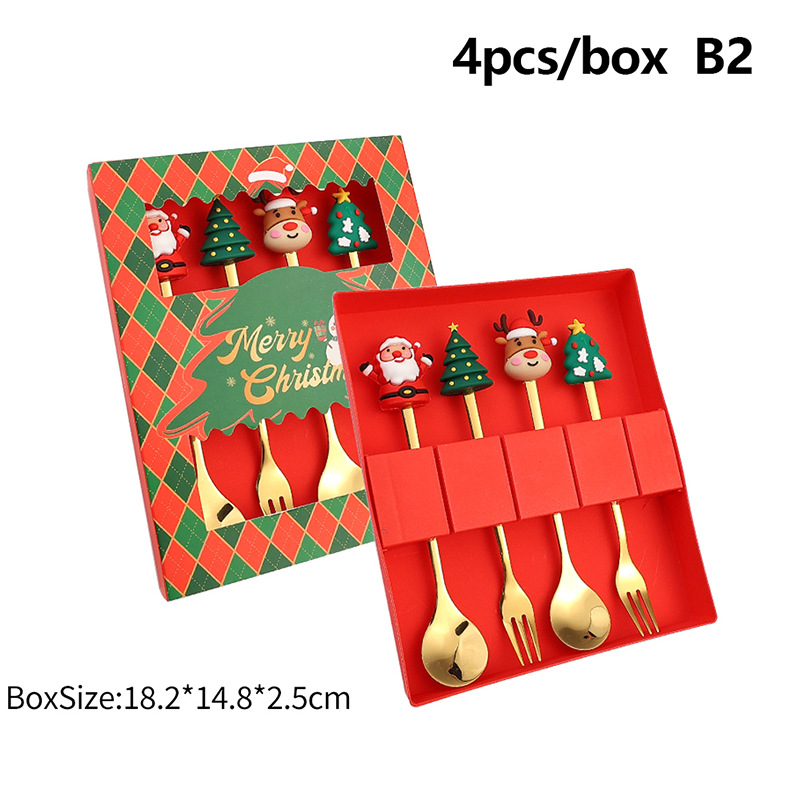 Ensemble de couverts (cuillère et fourchette) en forme de E, polis à la machine, couleur or - 4 pièces - rouge Noël