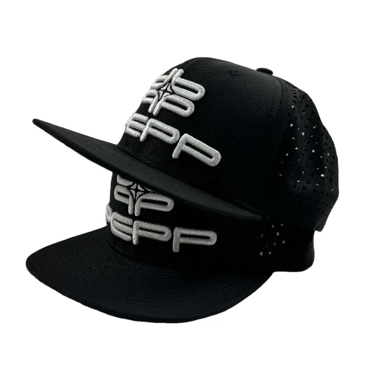 Personalizado de alta calidad de 6 paneles bordado plano Bill negro resistente al agua corte láser agujeros perforados gorras Snapback perforadas sombrero