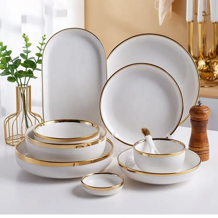 Platos y platos de línea de aire redondos de cerámica, plato de cena de cerámica de estilo nórdico liso y blanco, con borde dorado