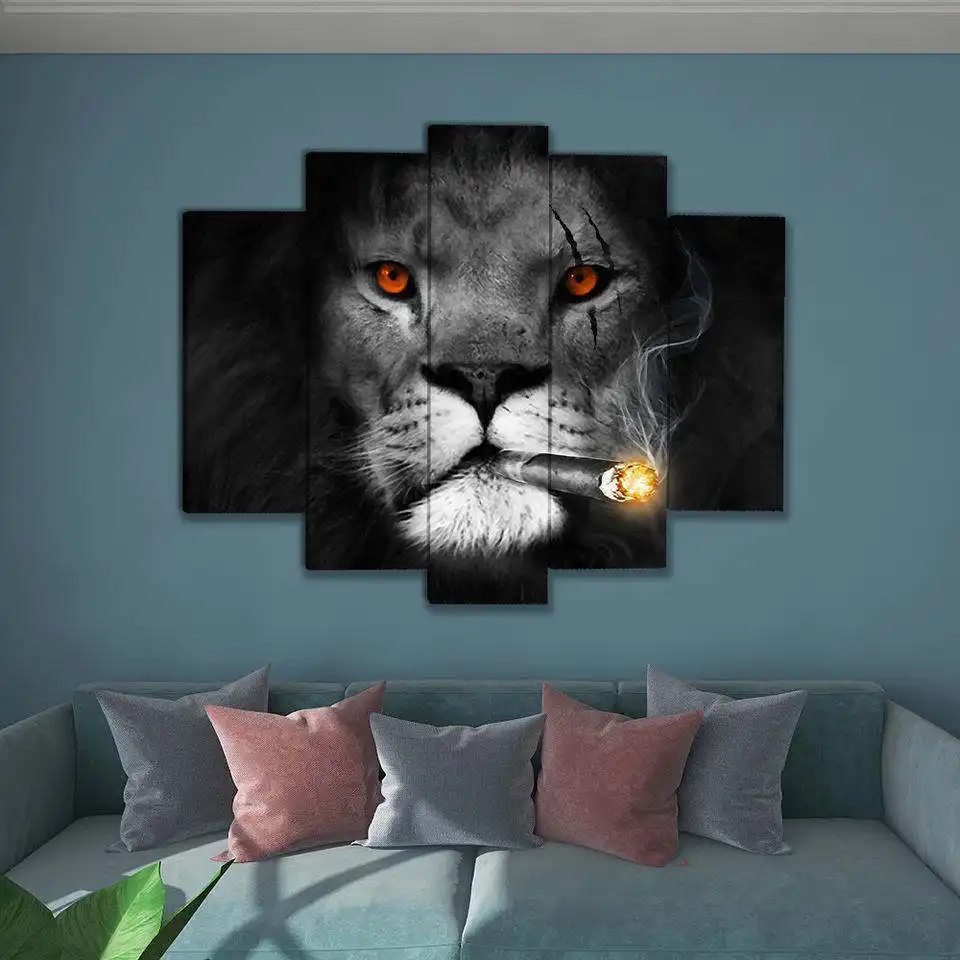 Home Decoração Modern 5 Pieces Custom Picture Canvas Print Frameless Wall Art Animal Lion Painting