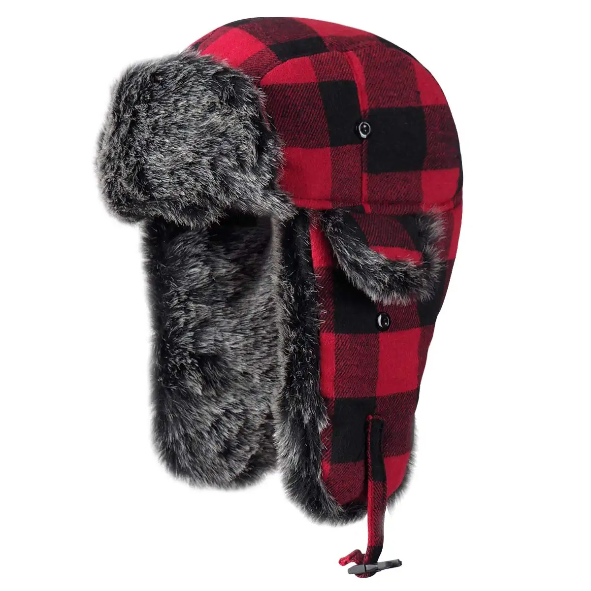 Custom Winter Warm Plaid Aviator Hat Fleeced Fur Faux Ear Flap Russian Winter Skiing Cap