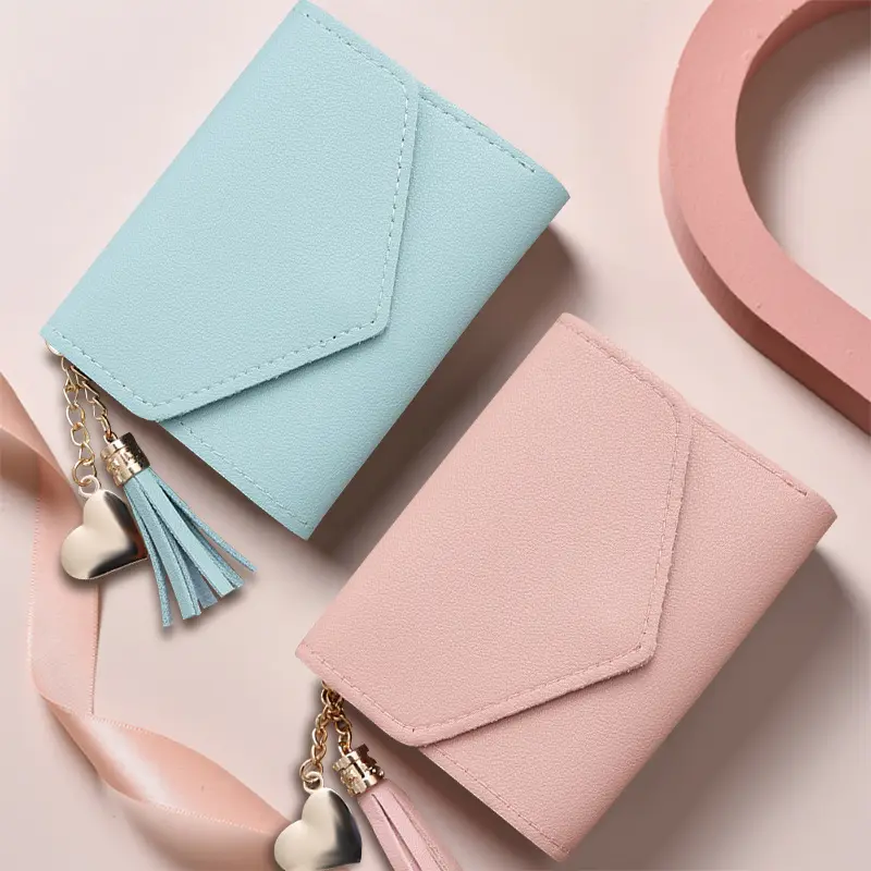 Factory Price New Women Short Tassel Purse Card Holder 3 Compartments PU Leather Wallet With Heart