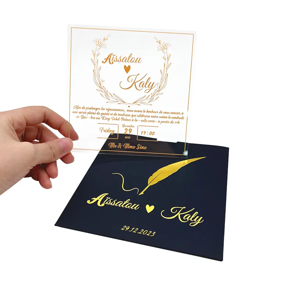 Tarjeta de invitación de boda de lujo acrílico brillante de tamaño personalizado con sobre negro