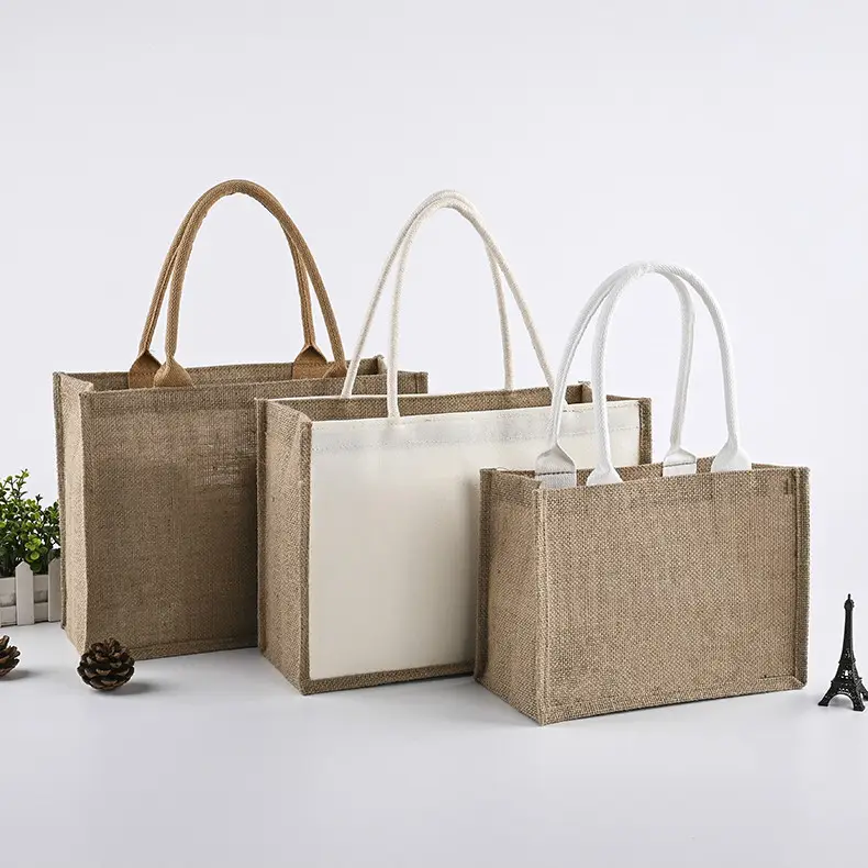 Bolsa de yute ecológica, bolso de compras de lino recubierto personalizado