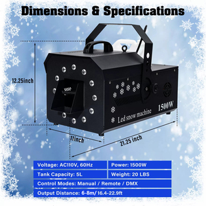 Xlighting雪花机1500W，带发光二极管RGB灯DMX遥控雪地机铝，用于舞台和婚礼