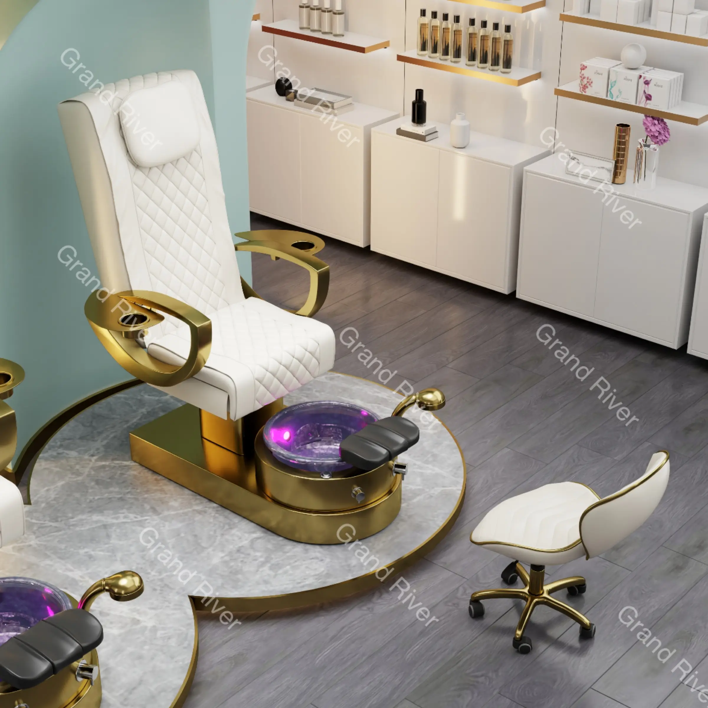 Commercio all'ingrosso di lusso oro salone mobili Spa unghie Pedicure sedie massaggio completo del corpo Manicure sedie con sgabelli ciotola