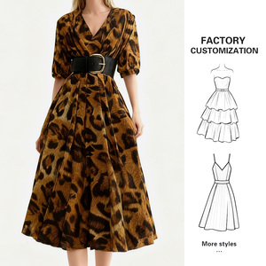 YFY özel 2025 yaz leopar elbise v yaka kabarcık kollu kuşaklı parti gece elbisesi kadın moda zarif Midi - Product Image 1