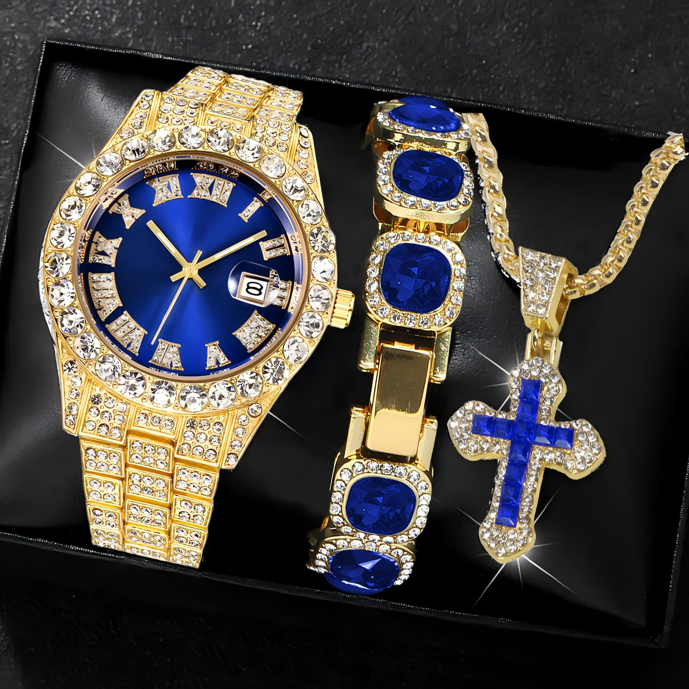Gold blue watch + gold blue 2pcs set