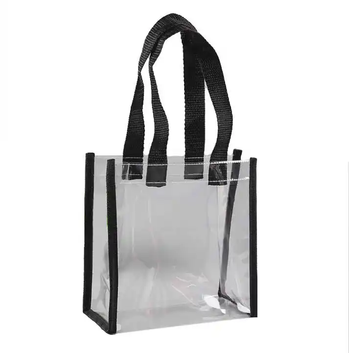 Toptan plastik pvc temizle vinil el çantası bayanlar siyah şeffaf alışveriş çantası kadın su geçirmez çanta temizle pvc taşıma çantası