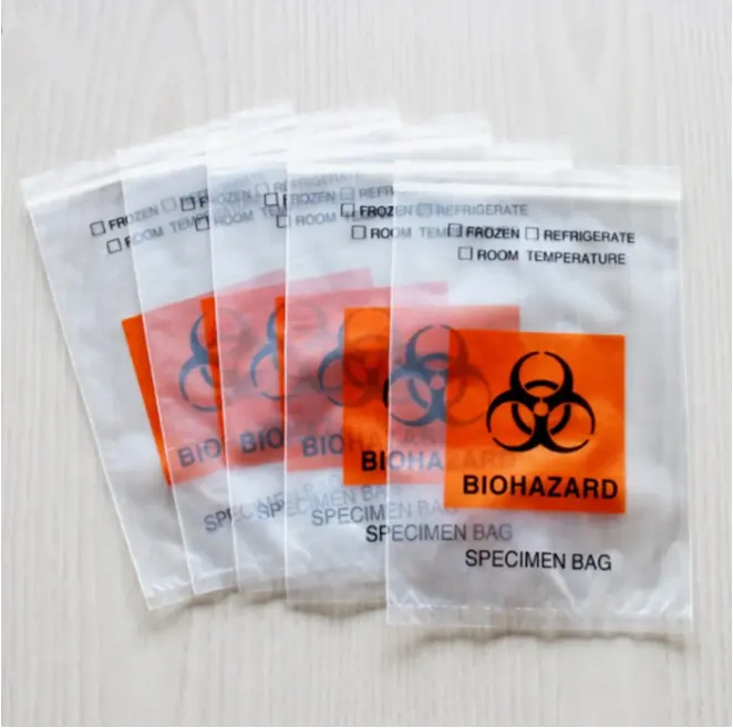 Tas spesimen medis dapat ditutup ulang Biohazard kustom PE tas spesimen kunci ritsleting antiair untuk Lab