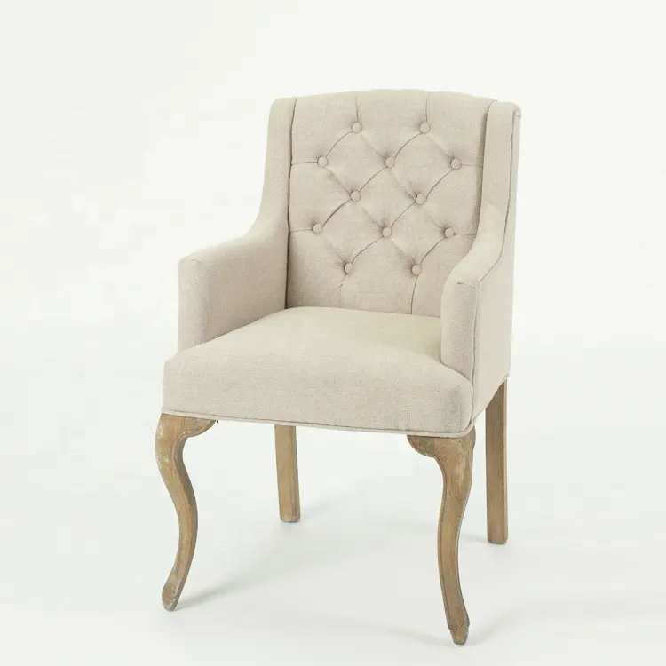 Sillón de madera tallado a mano antiguo, silla tapizada de tela con botón trasero, muebles (CH-270-OAK)