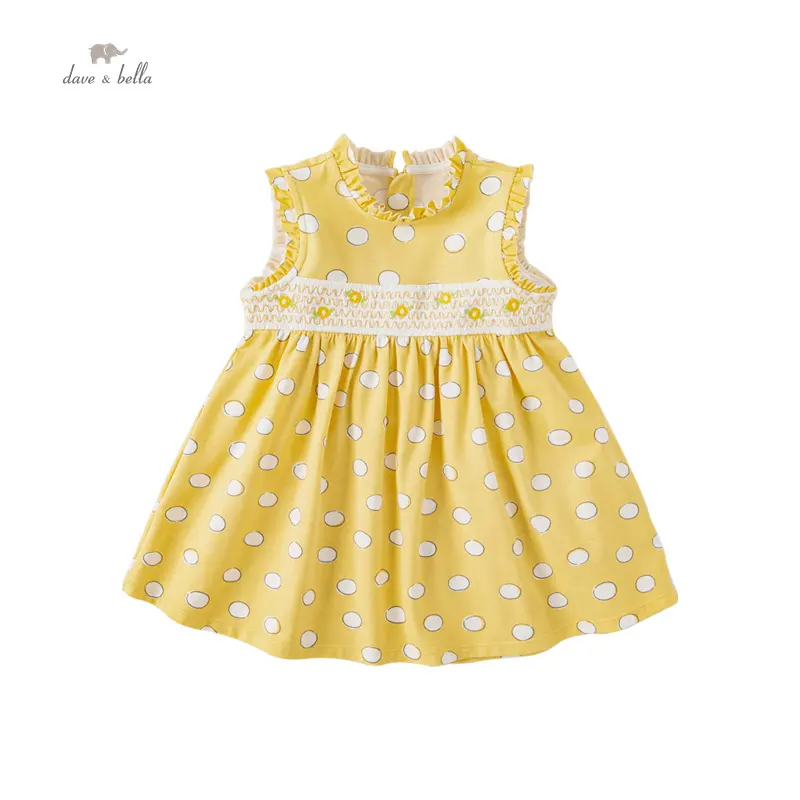 DB2235617 DAVE BELLA летнее желтое кружевное платье на манжетах для маленьких девочек милое Стильное повседневное платье в горошек