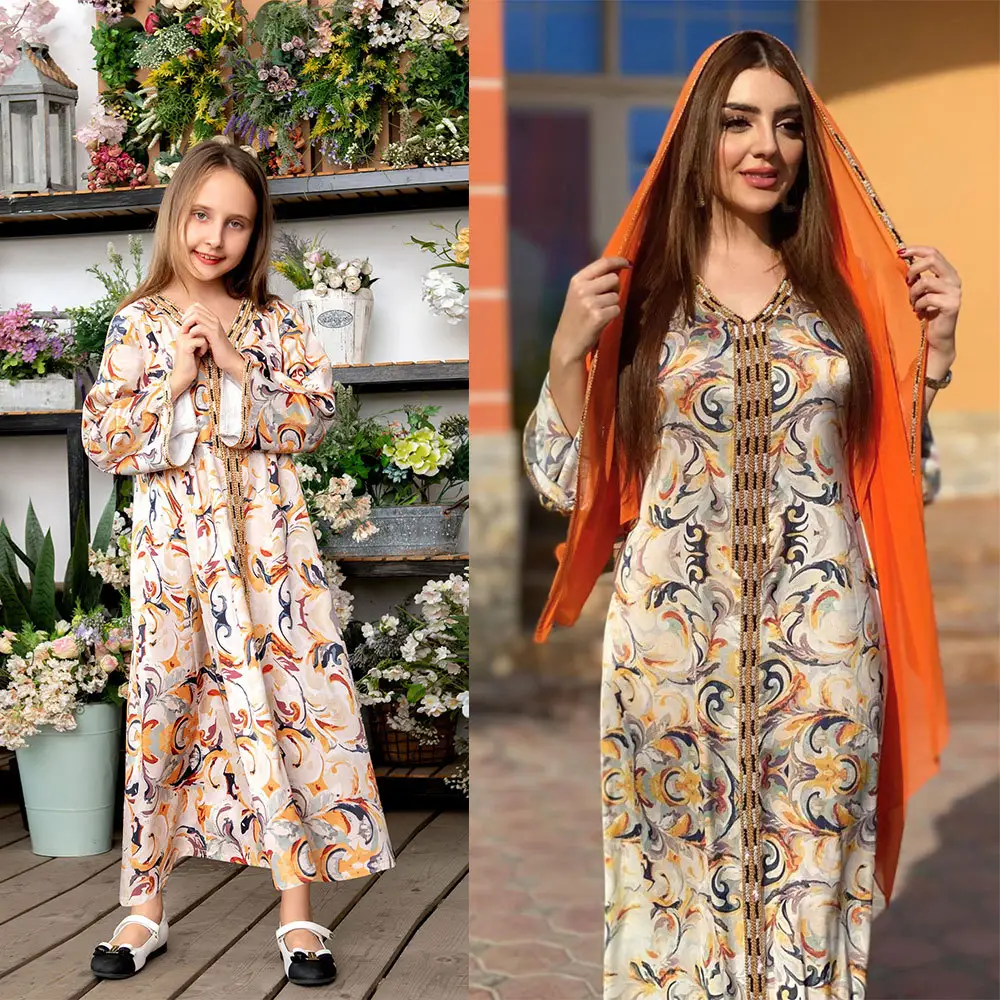 Abaya Dubai Eid – robe de soirée pour enfants, vêtements de fête pour mère et fille musulmane, avec imprimé de fleurs, prix d'usine