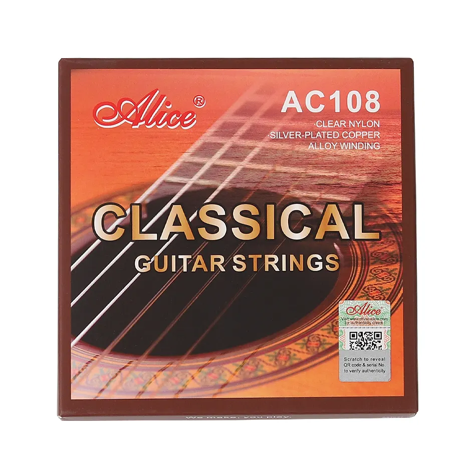 Струны Alice AC108N для классической гитары, профессиональные гитарные струны с серебристым покрытием, с медной обмоткой, прозрачные нейлоновые, нормальное Высокопрочное, 6 струн