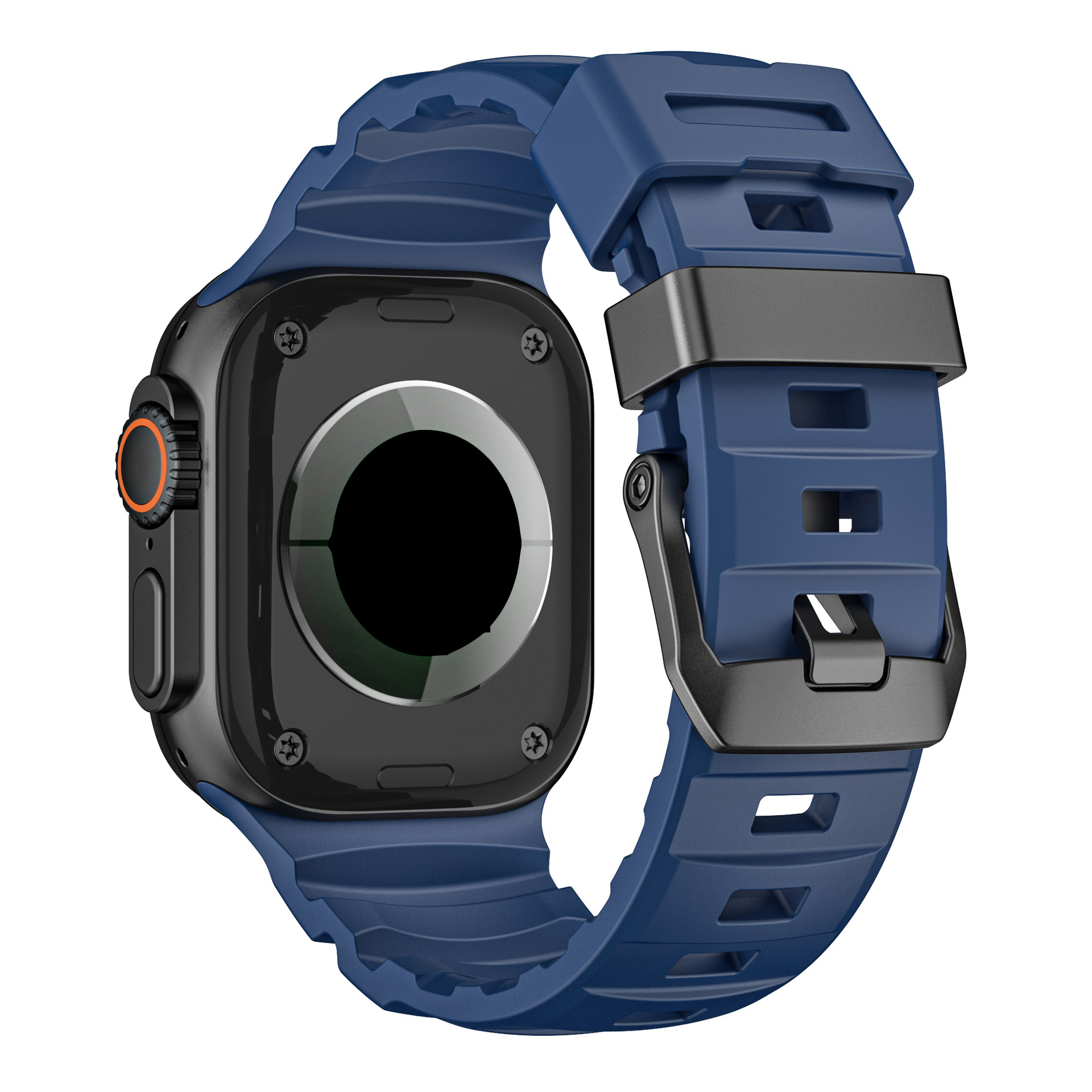 Boucle noire, bracelet bleu.