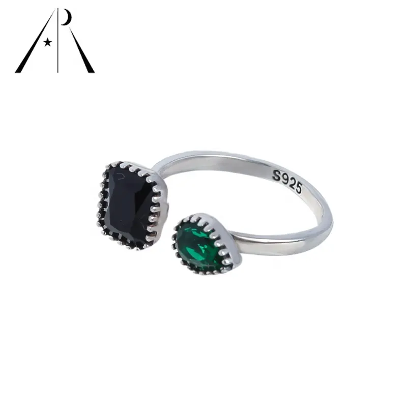 Moda Trendy personalizzato zircone nero e verde pietra lusso semplice romantico matrimonio Fine apertura anello gioielli in argento 925