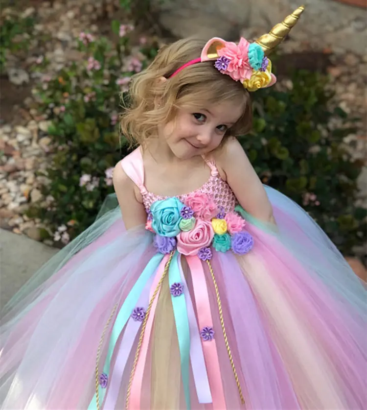 Wholesale 2-12Years Kids Toddler Flower Girls Tutu Dress Rainbow Princess Birthday Baby Girls Party Unicorn Dress