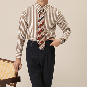 春夏时尚条纹长袖衬衫男士经典棕色意思乡绅服装百条衬衫