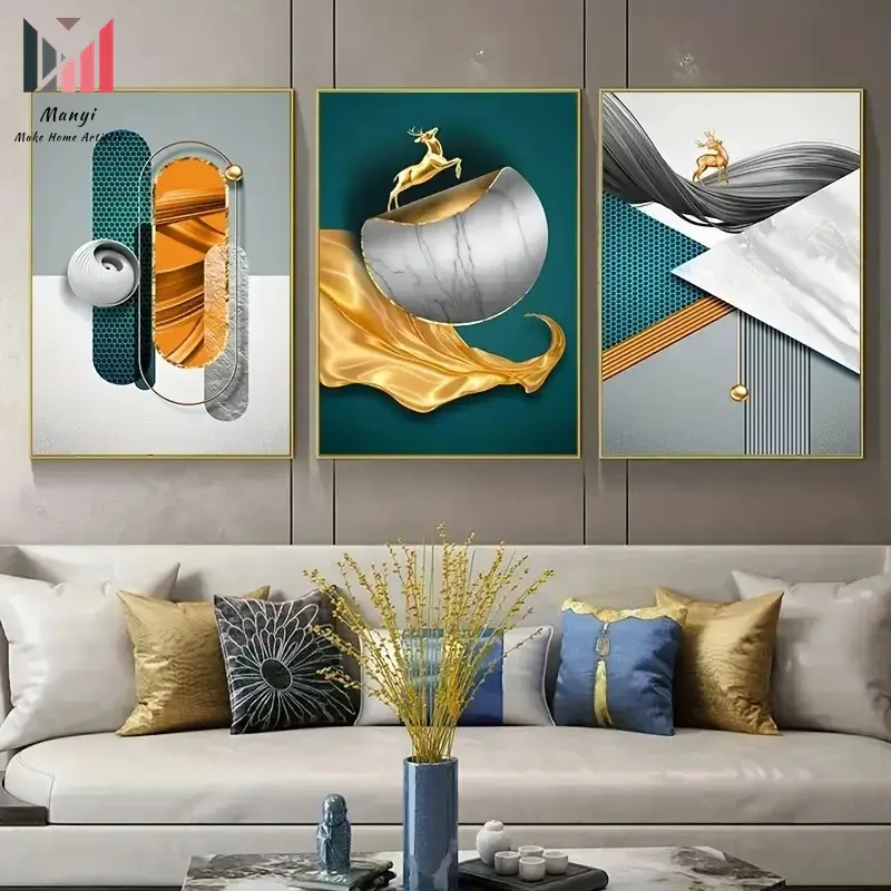 ภาพแอบสแตรกต์รูปกวางสีทองหรูหราหินอ่อนภาพ HD ติดผนังและภาพวาดผ้าใบสำหรับห้องนั่งเล่นของตกแต่งบ้าน