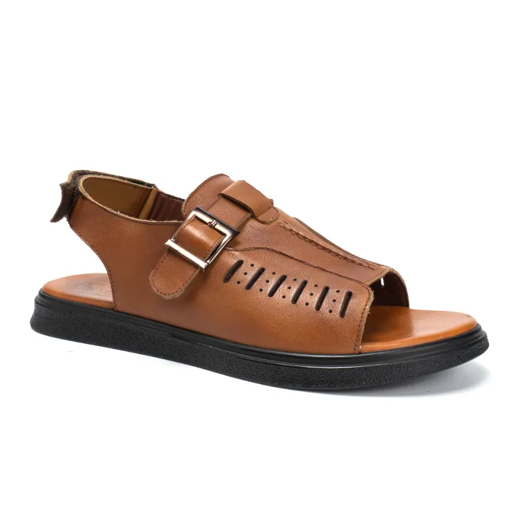 Sandal selop kasual pria, sandal selop musim panas warna kuning cokelat, kulit klasik musim panas