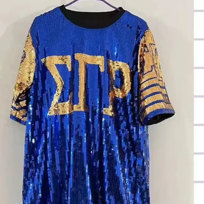 New Short Sleeve Blue Yellow Sequin Sorority Fraternity Greek Letter Casual ETP Sequin T-shirt Graduation Party