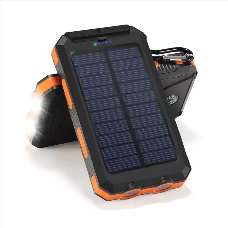 Solar Power Bank Dual Usb 20000mah, pengisi daya baterai tahan air, Panel surya eksternal portabel dengan lampu Led