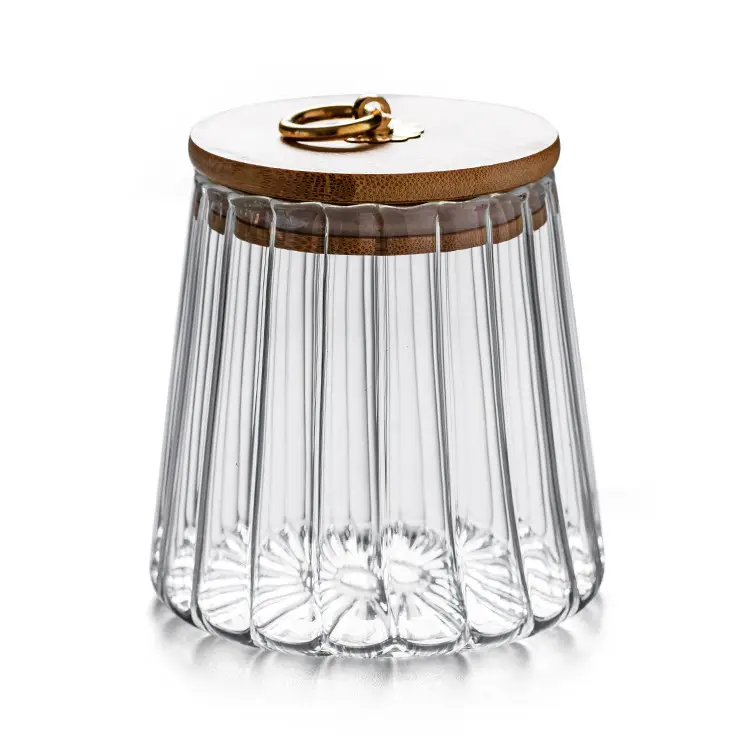 Jarra de vidro hermética para café, recipiente decorativo de pétala com tampa de bambu e alça de metal, fácil de segurar