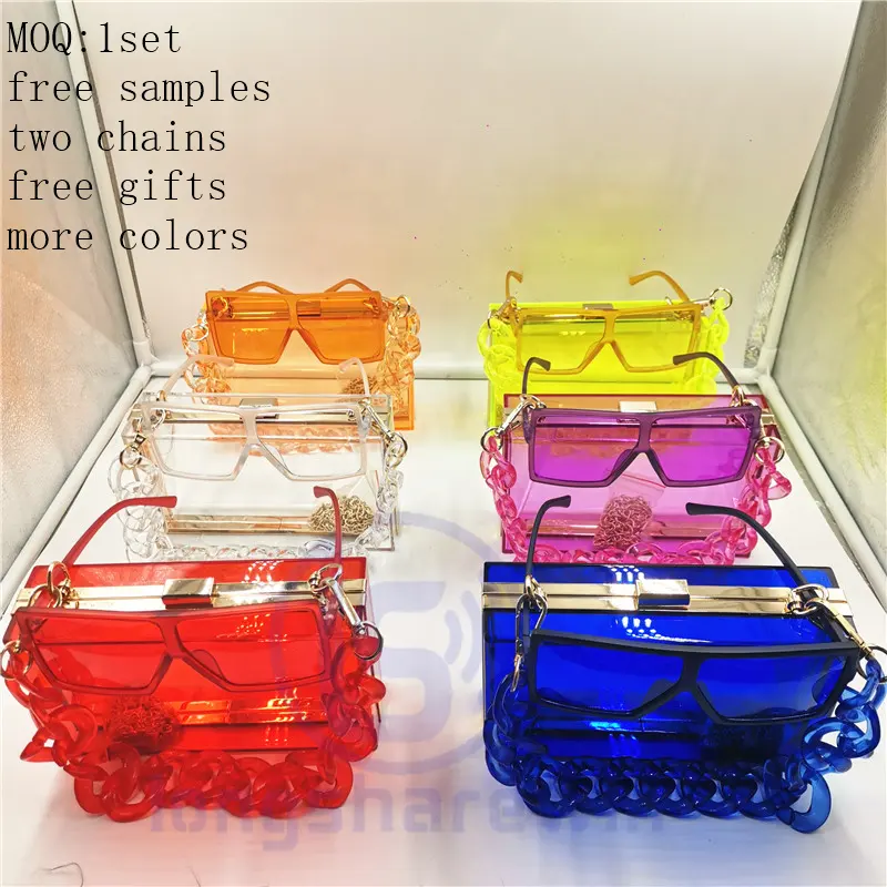 2021 Kostenlose Muster Frauen Candy Mode Acryl Square Box Bag Klare Handtasche Hard Frame Party Clutch Geldbörse passende Sonnenbrille