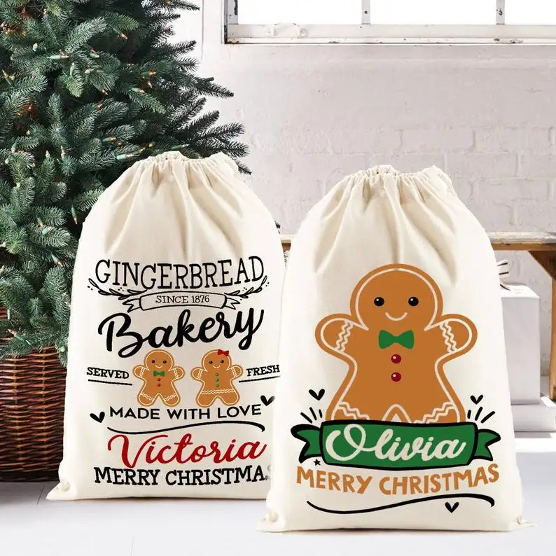 Customize Large Size Christmas Sack Sublimation Drawstring Kids Gifts Bags With Cartoon Pattern Canvas Santa Sacks