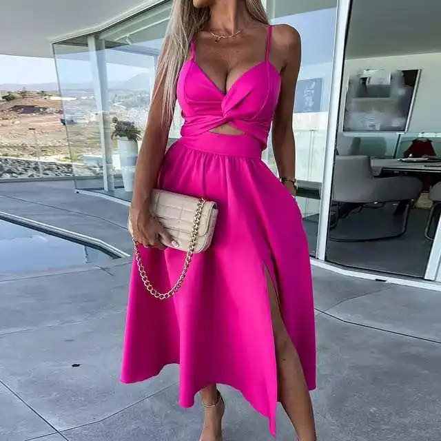 Mulheres Sexy V-neck Backless Sling Vestido Verão Moda Twist Design Oco Out Vestido Longo Casual Sem Mangas Sólidos Big Hem Vestidos