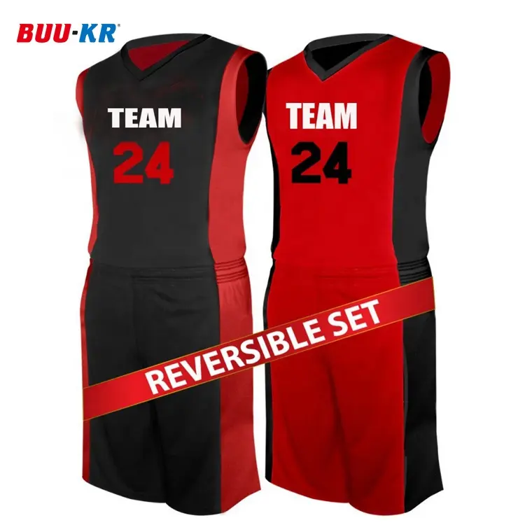 Buker-uniformes de baloncesto reversibles para hombre y mujer, uniforme personalizado con nombre de equipo bajo, color negro y rojo, venta al por mayor