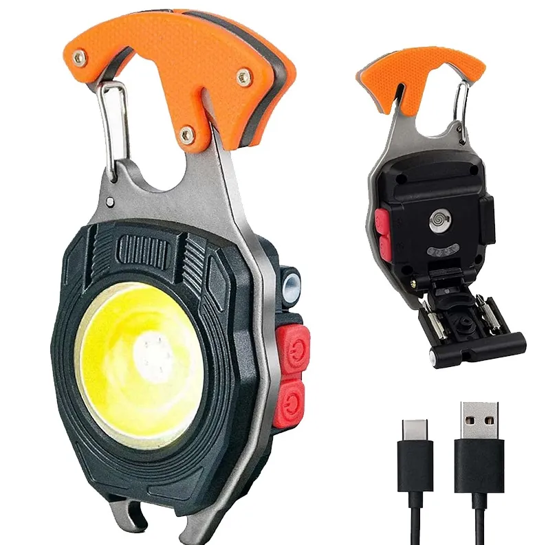 Portátil Mini COB LED Lanterna Chaveiro Iluminação Leve USB Carregamento Gancho e Loop Camping Outdoor Lanterna