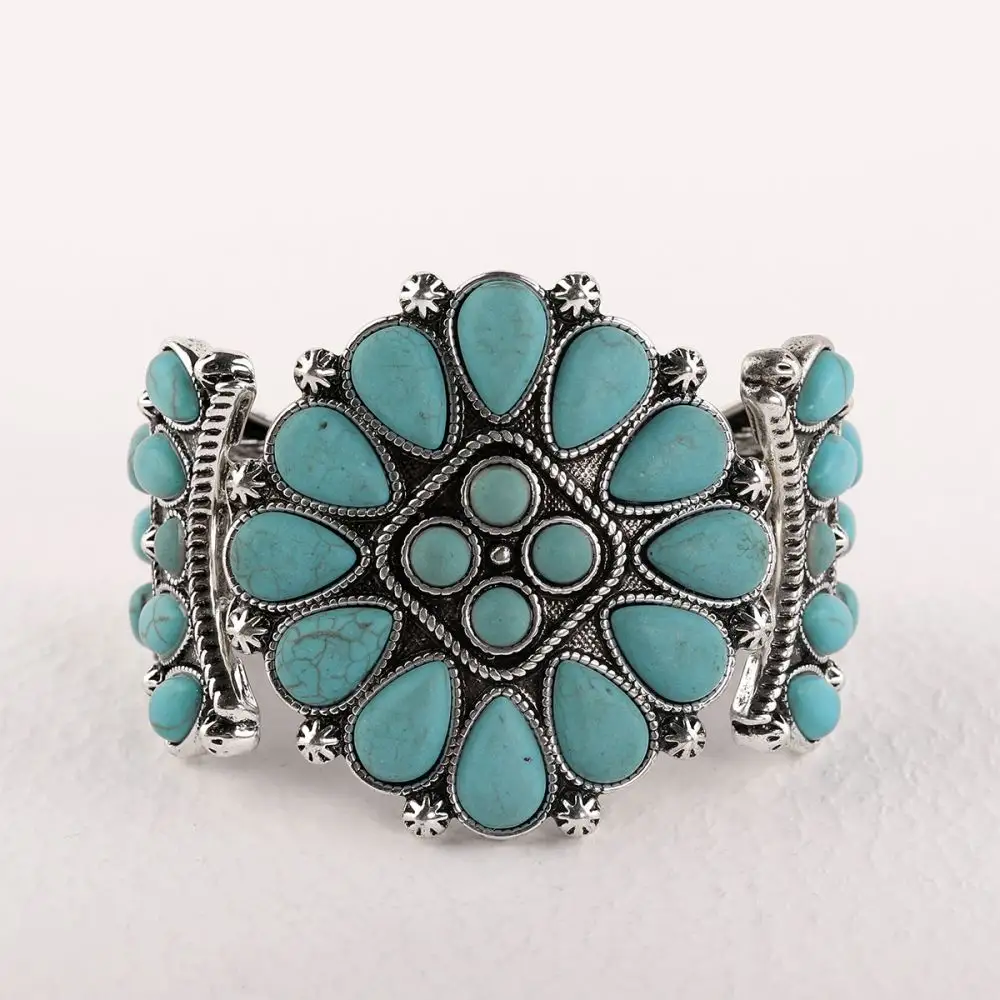 Exquisita pulsera ancha de cuentas turquesas de Navajo para mujer, pulsera Bohemia chapada en plata, venta al por mayor