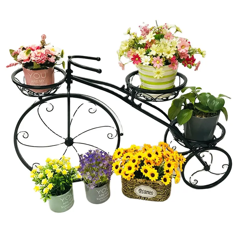 Supporto per vaso di fiori in ferro a forma di bicicletta all'aperto, sfondo per fotografia al coperto stile bici 3 vasi da fiori cremagliera decorativa