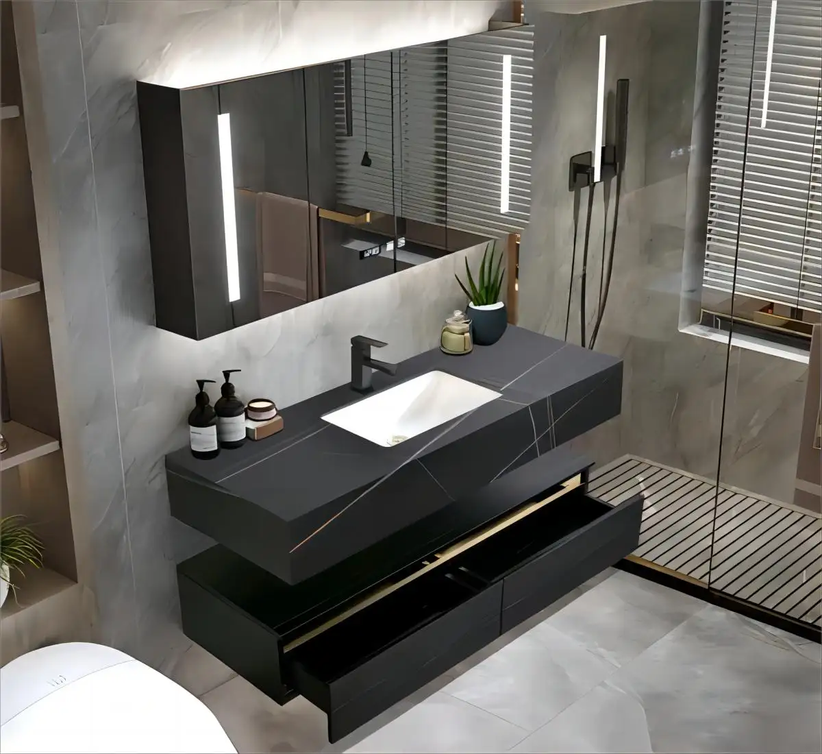 Kejia อ่างล้างมือคู่แบบหรูหราสำหรับห้องน้ำโต๊ะหินอ่อนโต๊ะเครื่องแป้งห้องน้ำไม้พร้อมกระจกไฟ LED