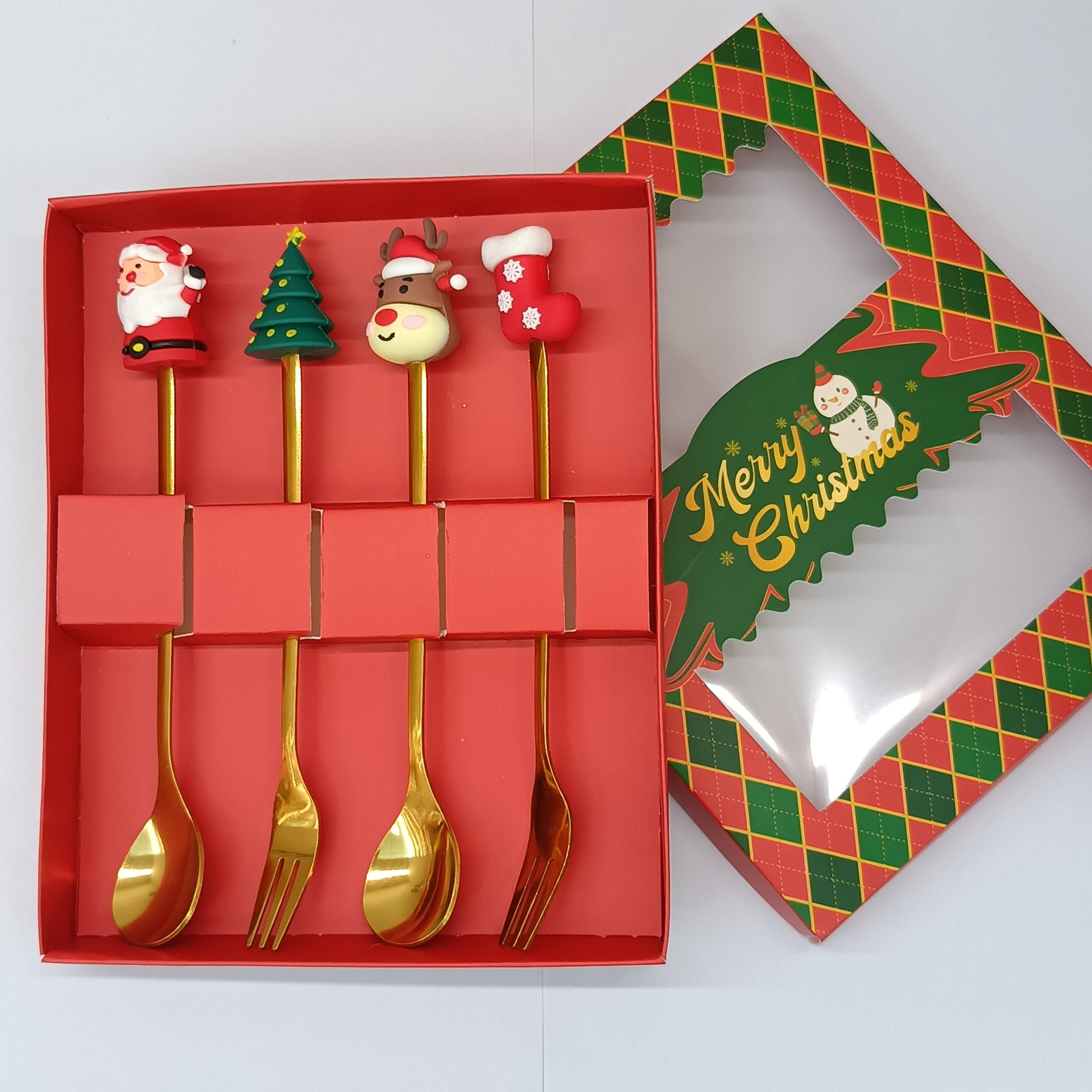 Cuillère, fourchette et ensemble de 4 couverts pour poupée, forme A, finition dorée polie à la machine - Rouge Christ.