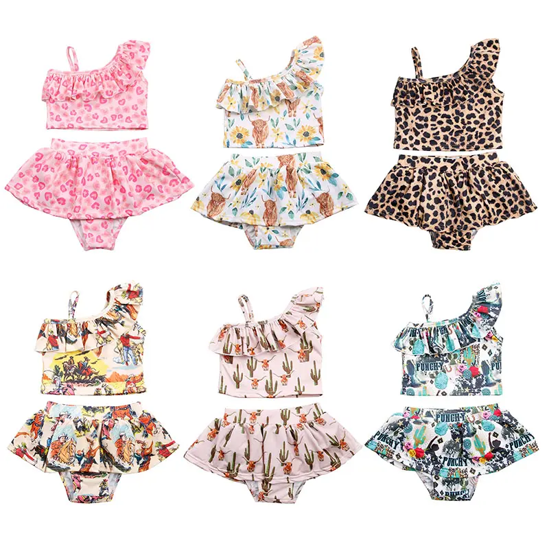 Musim Panas Floral Highland Sapi Cetak Bayi 2 Pieces Set Pakaian Renang Pola Barat Gadis Berenang Gaun Bikini Anak-anak Pantai Pakaian Mandi